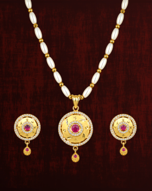 Rageshvari Fashion Gold-Plated Traditional Round Pendant Set with Ruby CZ & Pearl Chain | Designer Jewellery Set for Women