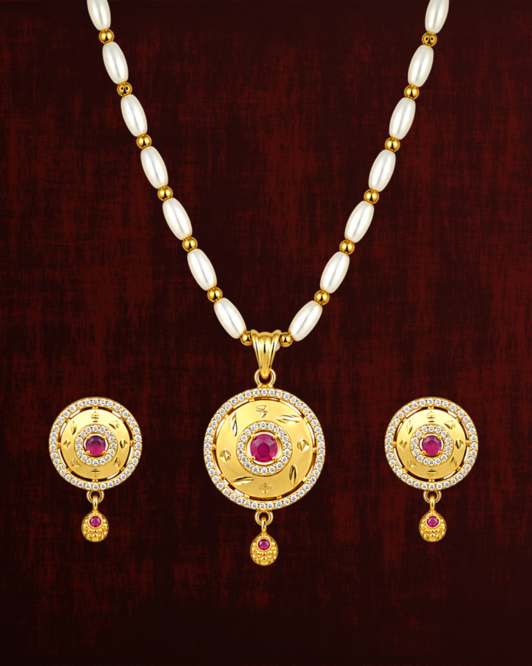 Rageshvari Fashion Gold-Plated Traditional Round Pendant Set with Ruby CZ & Pearl Chain | Designer Jewellery Set for Women