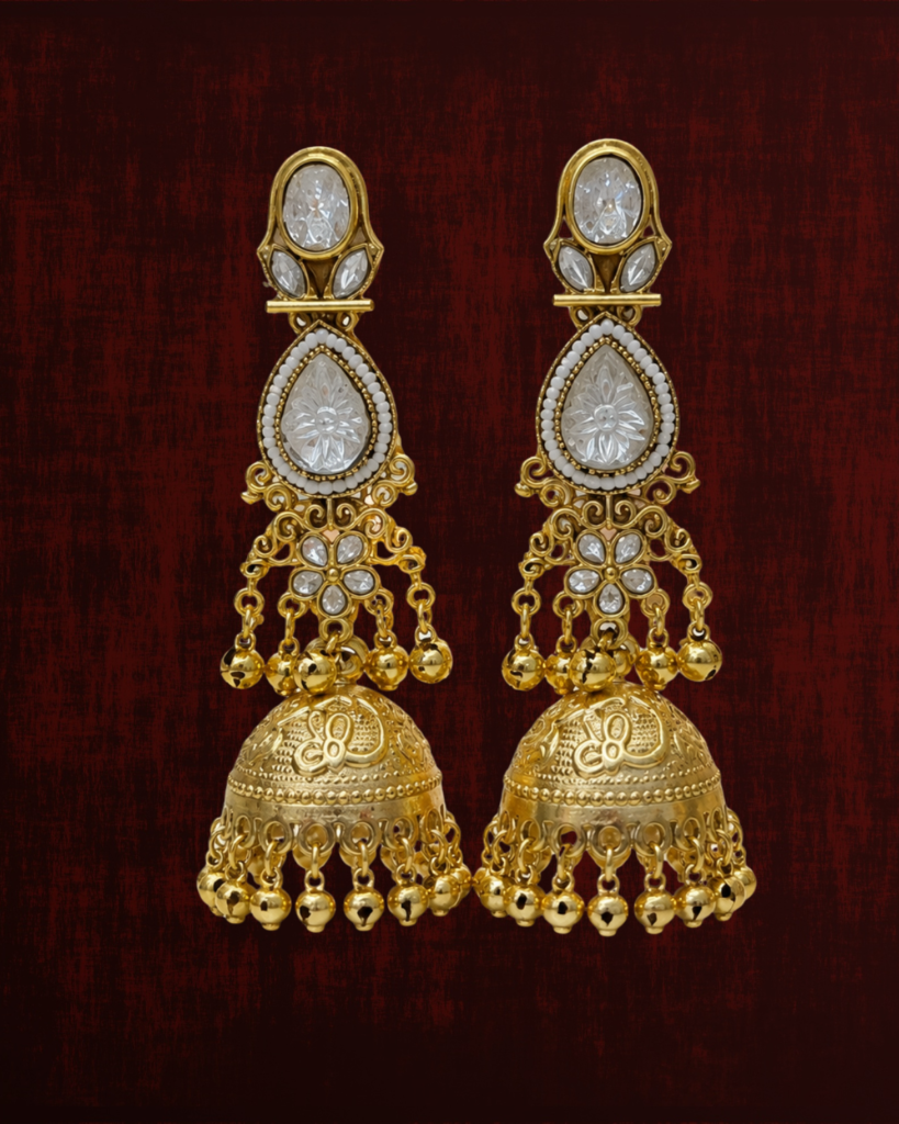 Rageshvari Fashion Gold-Plated Kundan Temple Jhumka Earrings with Carved White Stones for Women