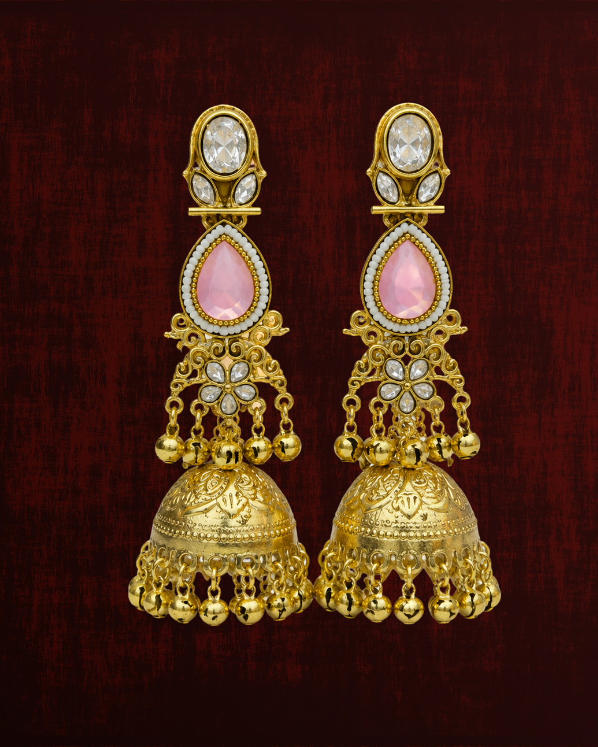 Rageshvari Fashion Gold-Plated Kundan Temple Jhumka Earrings with Carved White Stones for Women - Image 2