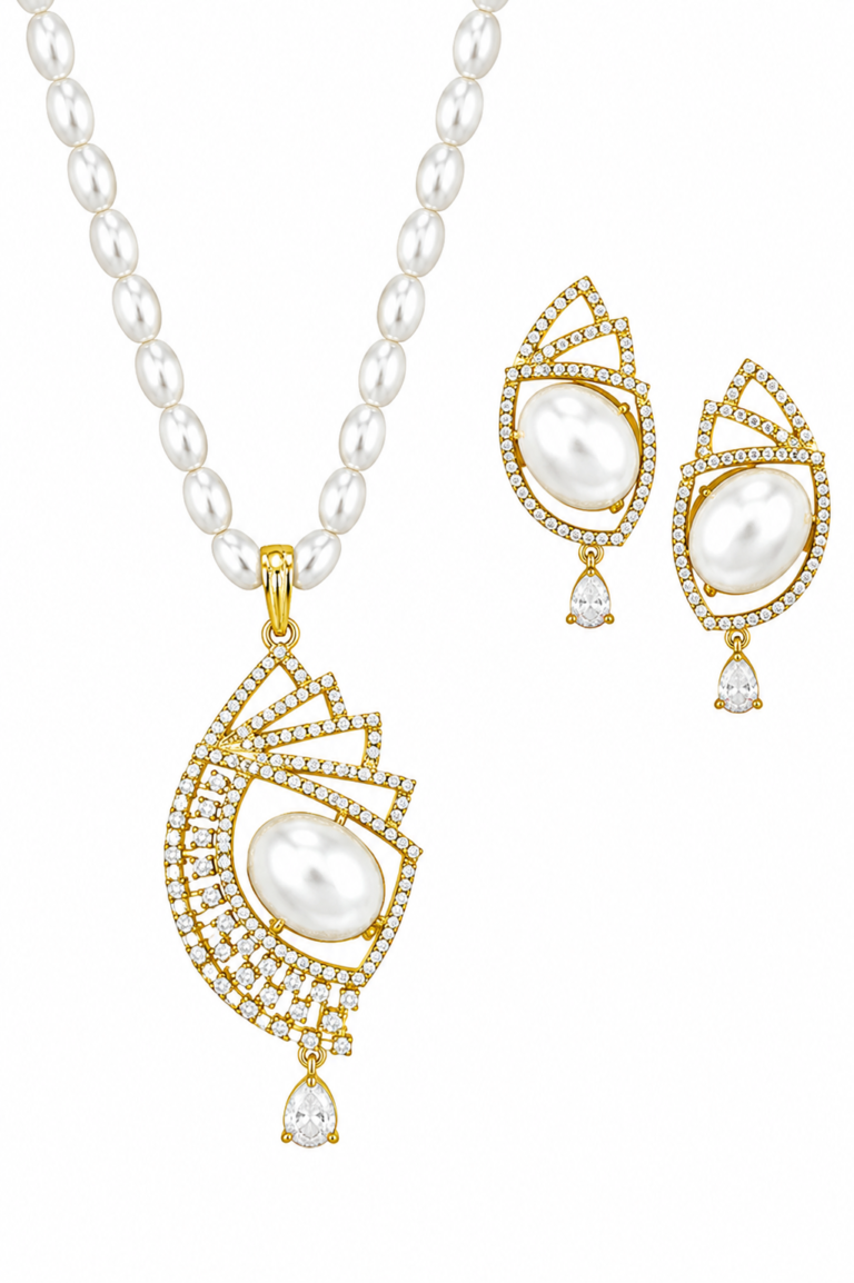 Rageshvari Fashion Gold-Plated Pearl Pendant Necklace Set with American Diamond & Matching Earrings for Women