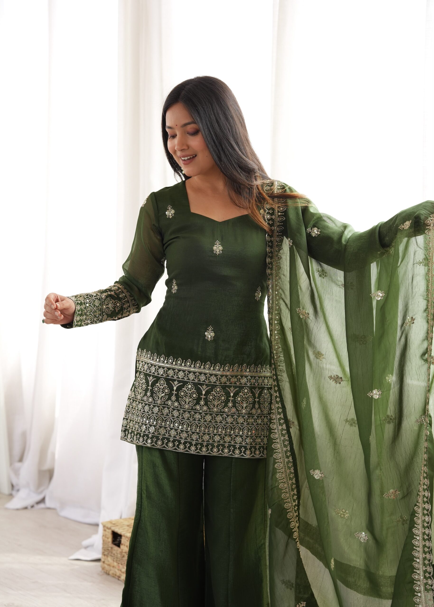 Rageshvari Fashion Embroidered Crunchy Silk Kurta Set with Bell Bottom Pants - Image 2