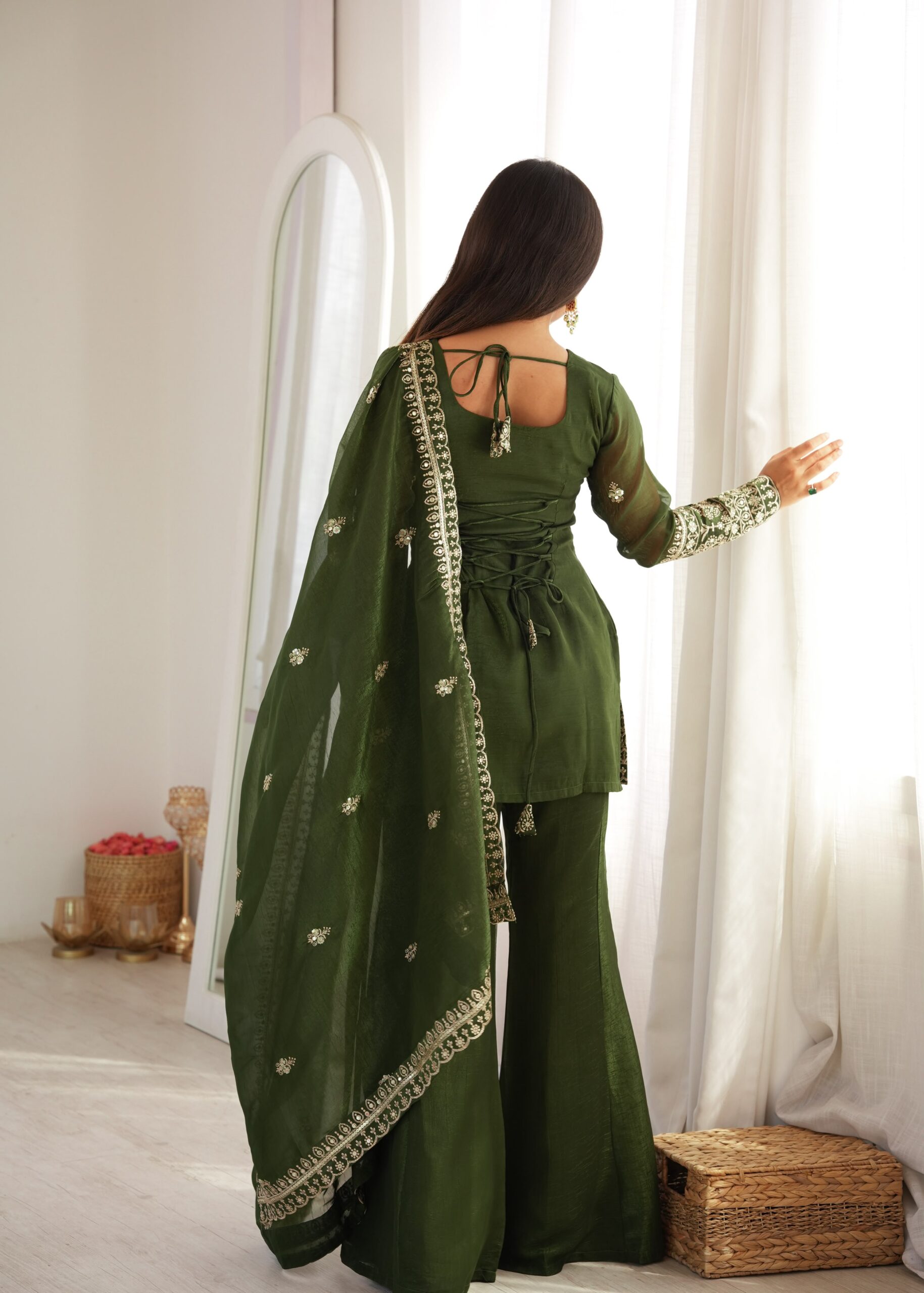 Rageshvari Fashion Embroidered Crunchy Silk Kurta Set with Bell Bottom Pants - Image 3