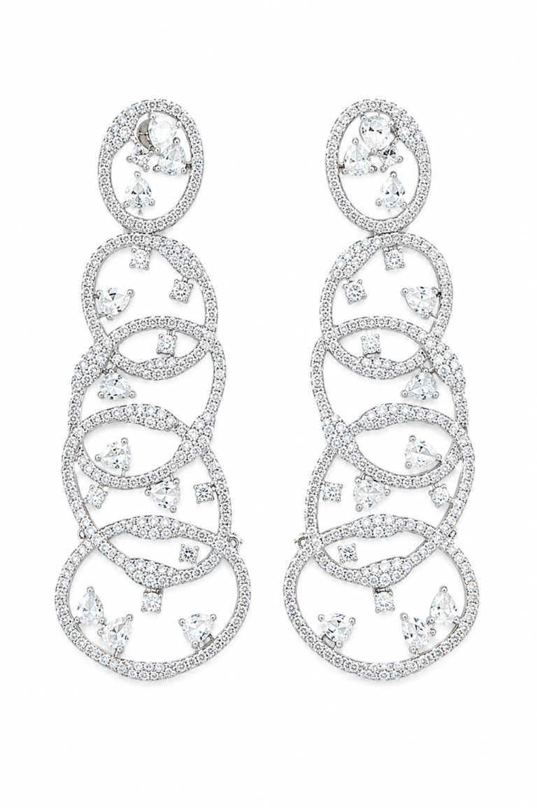 Rageshvari Fashion Premium American Diamond Silver Finish Long Statement Earrings for Women