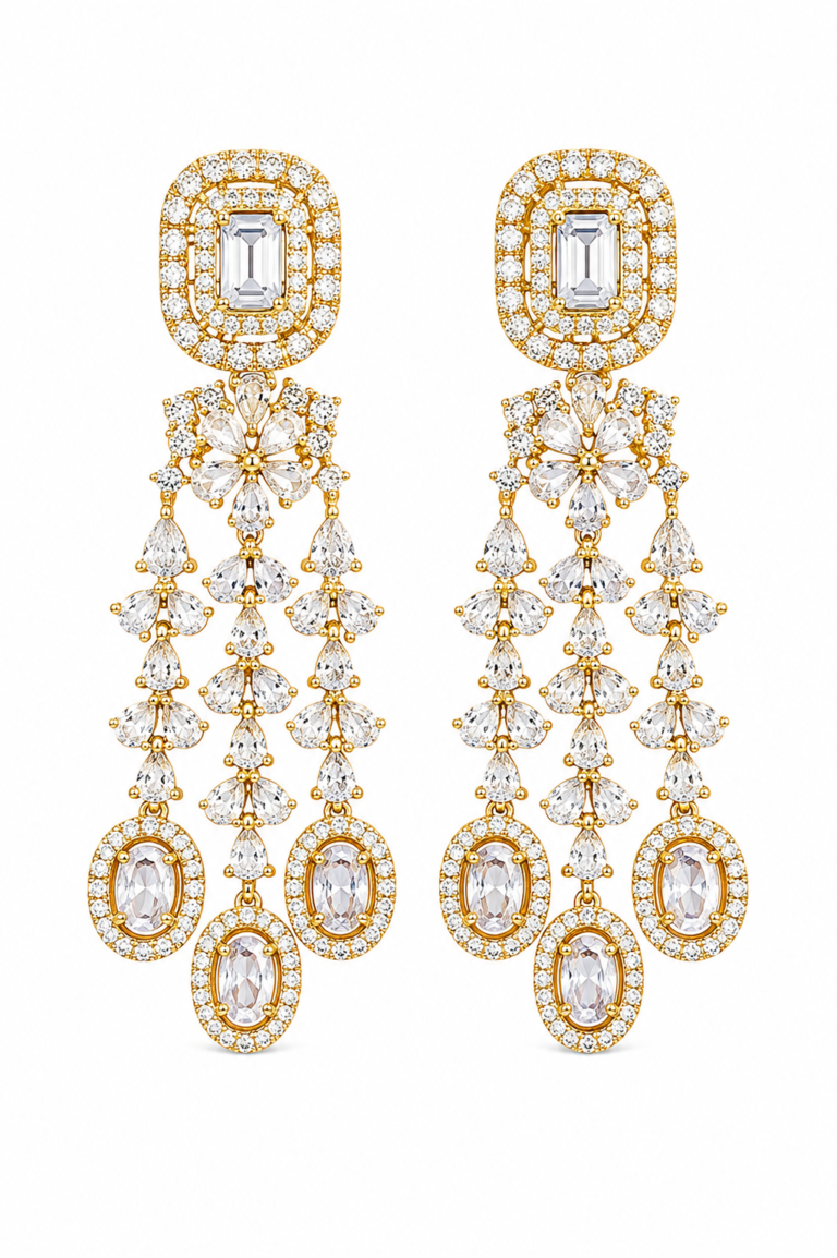 Rageshvari Fashion Premium American Diamond Gold Finish Floral Tassel Earrings for Women