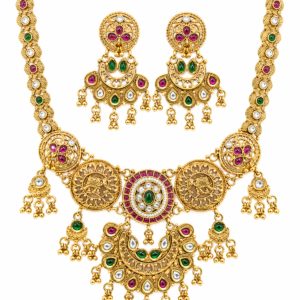 Rageshvari Fashion Traditional Temple Design Antique Gold Plated Necklace Set with Earrings for Women