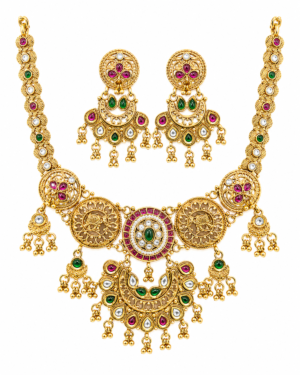 Rageshvari Fashion Traditional Temple Design Antique Gold Plated Necklace Set with Earrings for Women