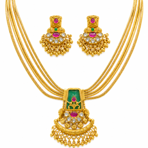 Rageshvari Fashion Traditional Multi-Layer Antique Gold Kundan Necklace Set with Green Pendant & Earrings
