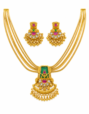 Rageshvari Fashion Traditional Multi-Layer Antique Gold Kundan Necklace Set with Green Pendant & Earrings