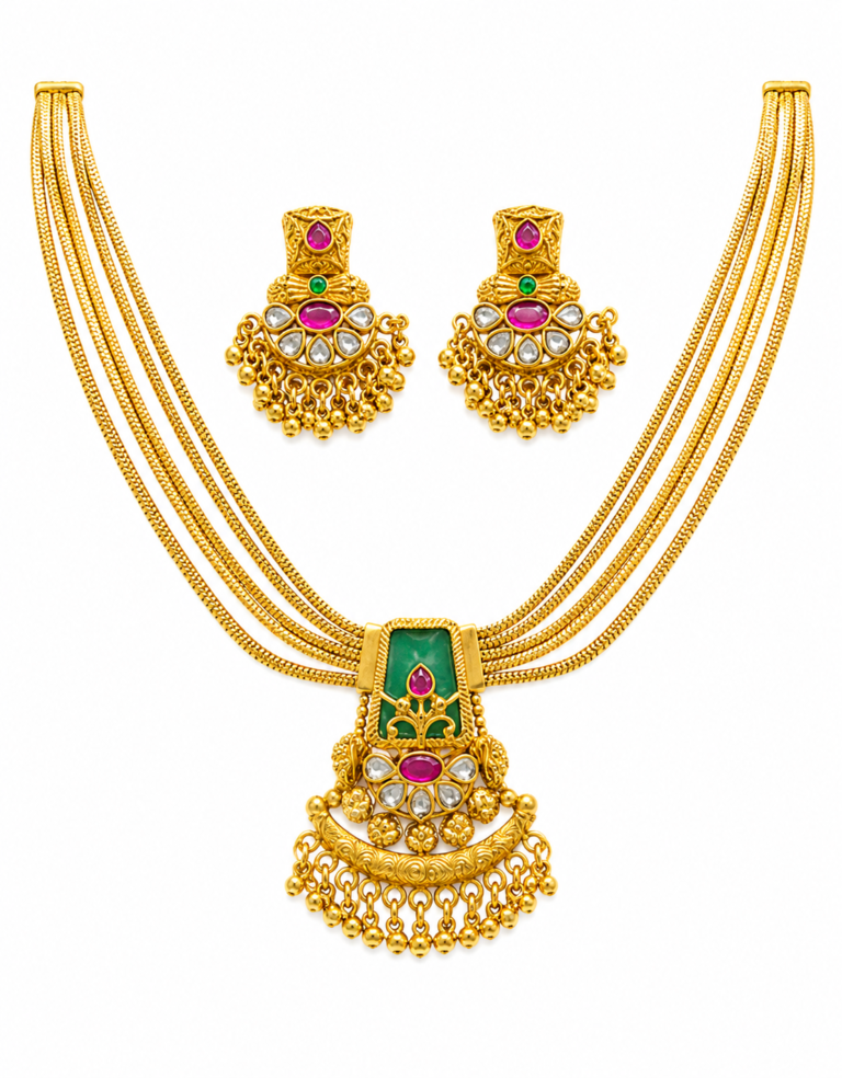 Rageshvari Fashion Traditional Multi-Layer Antique Gold Kundan Necklace Set with Green Pendant & Earrings