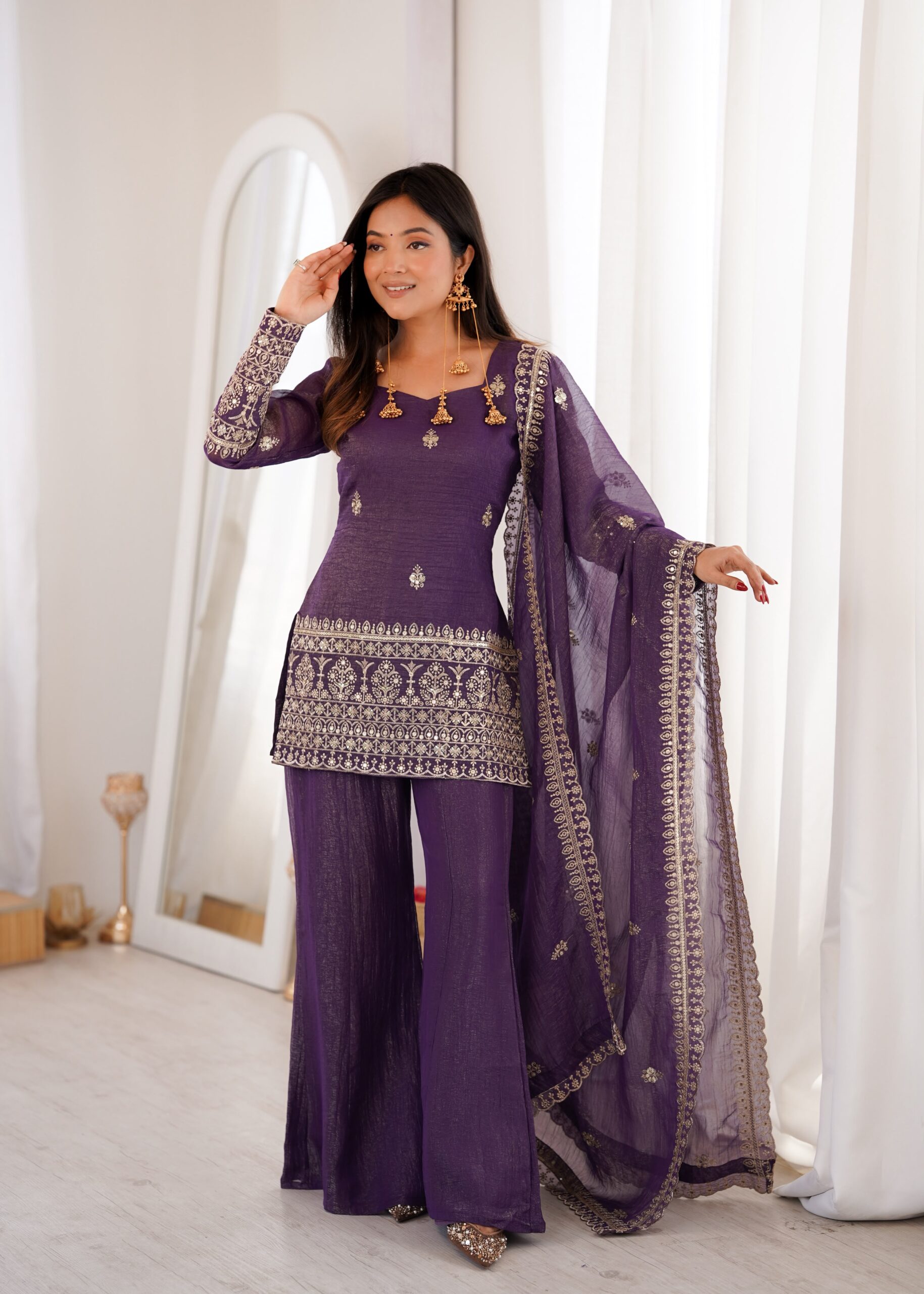 Rageshvari Fashion Embroidered Crunchy Silk Kurta Set with Bell Bottom Pants - Image 5