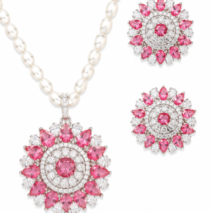 Rageshvari Fashion Pink American Diamond Floral Pearl Necklace Set with Stud Earrings for Women