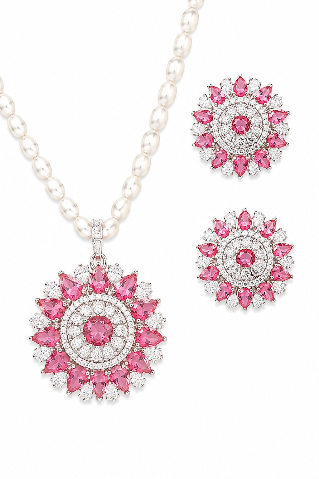 Rageshvari Fashion Pink American Diamond Floral Pearl Necklace Set with Stud Earrings for Women