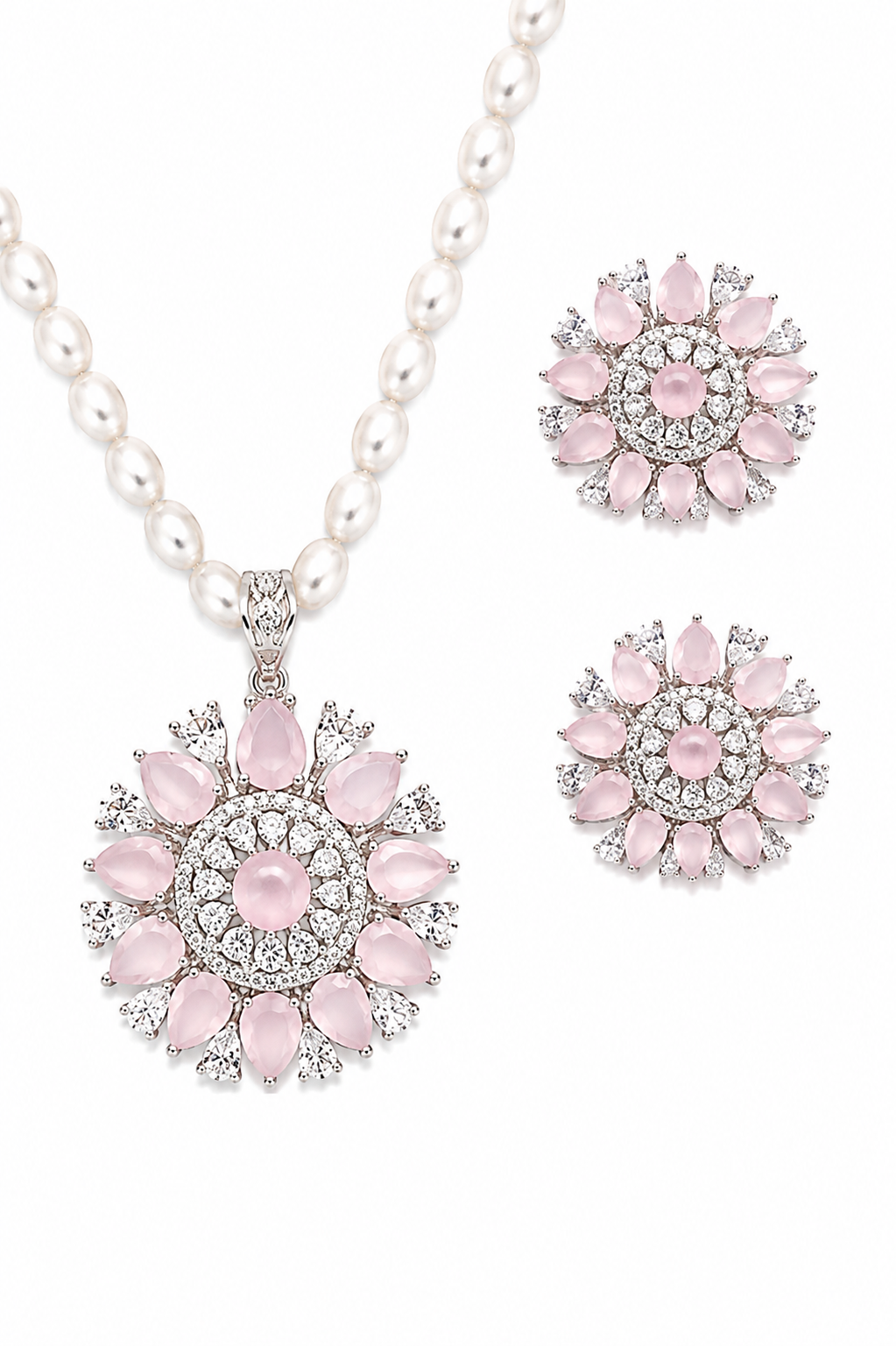 Rageshvari Fashion Pink American Diamond Floral Pearl Necklace Set with Stud Earrings for Women - Image 2