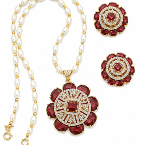 Rageshvari Fashion Ruby Red American Diamond Floral Pearl Necklace Set with Stud Earrings for Women