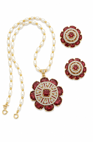Rageshvari Fashion Ruby Red American Diamond Floral Pearl Necklace Set with Stud Earrings for Women