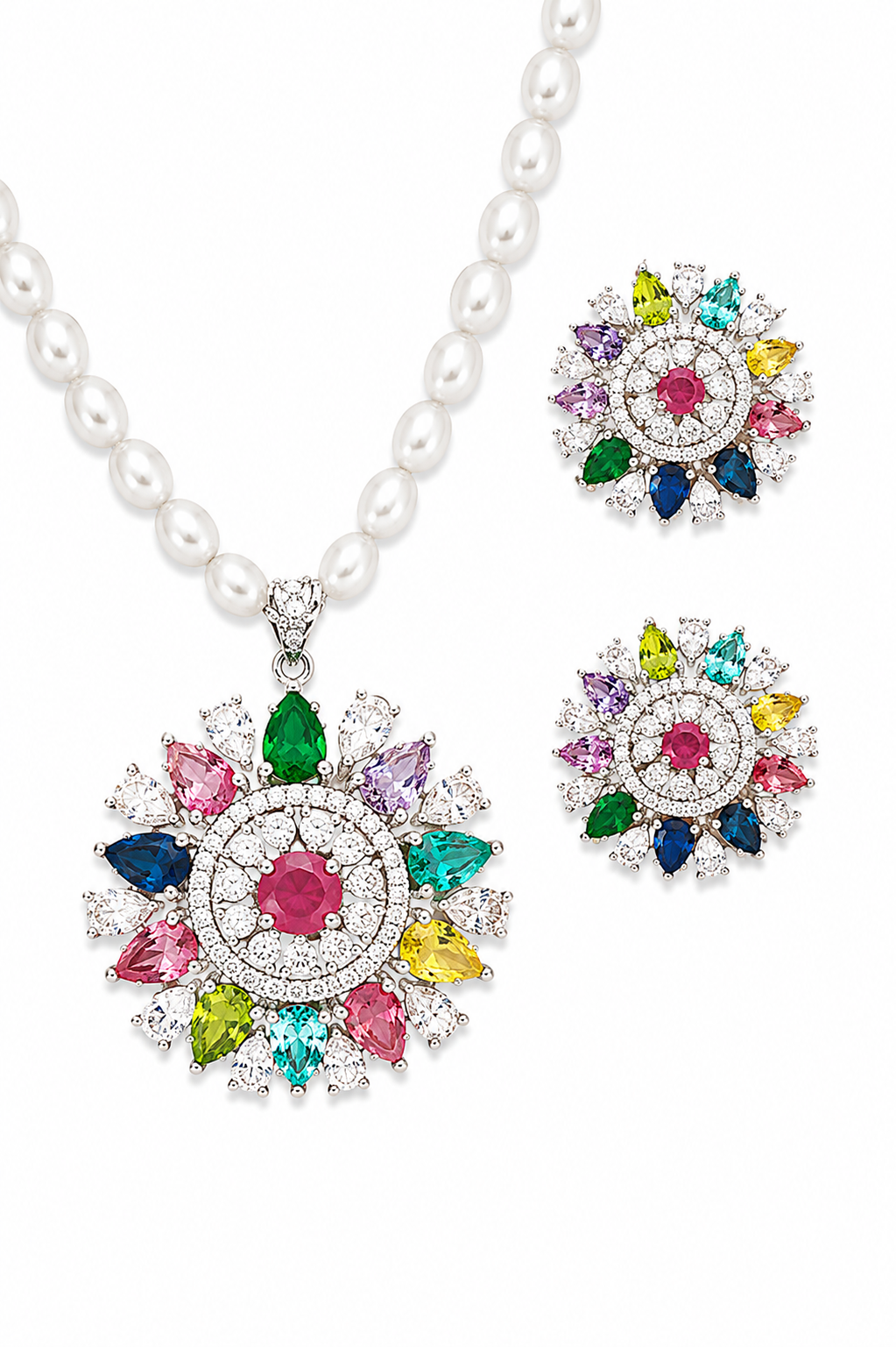 Rageshvari Fashion Pink American Diamond Floral Pearl Necklace Set with Stud Earrings for Women - Image 5