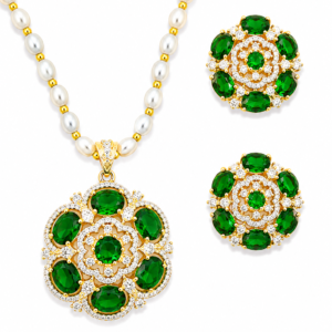 Rageshvari Fashion Emerald Green Floral Pearl Necklace Set with American Diamond Stud Earrings for Women