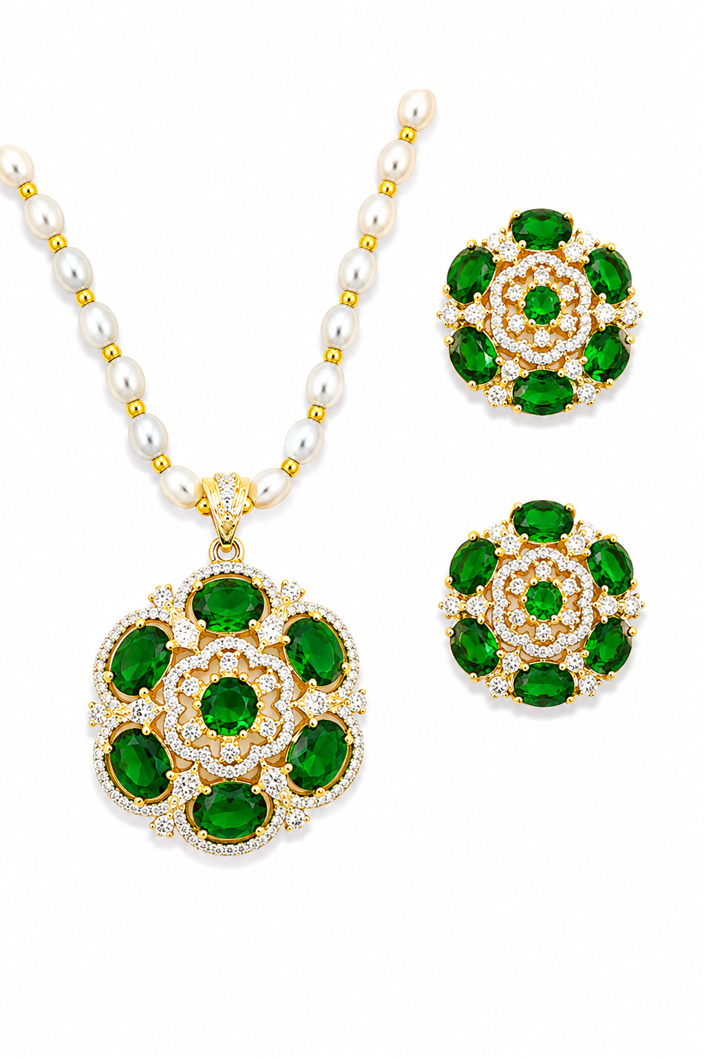 Rageshvari Fashion Emerald Green Floral Pearl Necklace Set with American Diamond Stud Earrings for Women