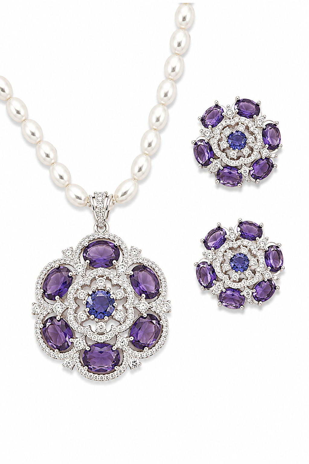 Rageshvari Fashion Emerald Green Floral Pearl Necklace Set with American Diamond Stud Earrings for Women - Image 2