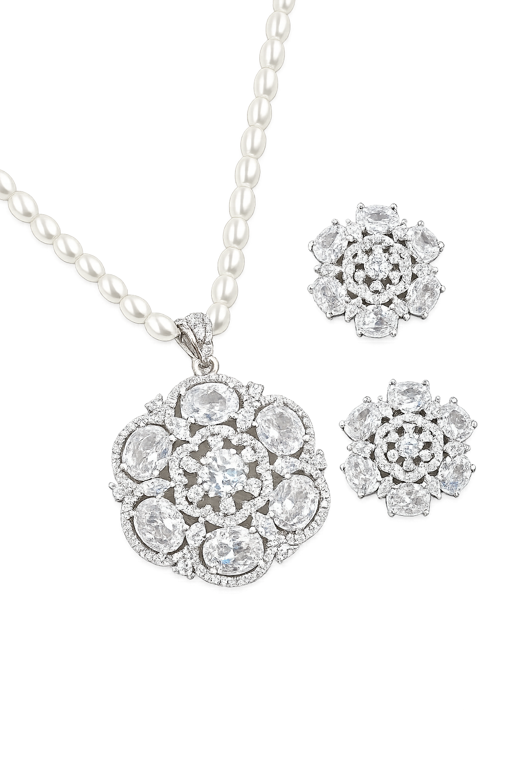 Rageshvari Fashion Emerald Green Floral Pearl Necklace Set with American Diamond Stud Earrings for Women - Image 3