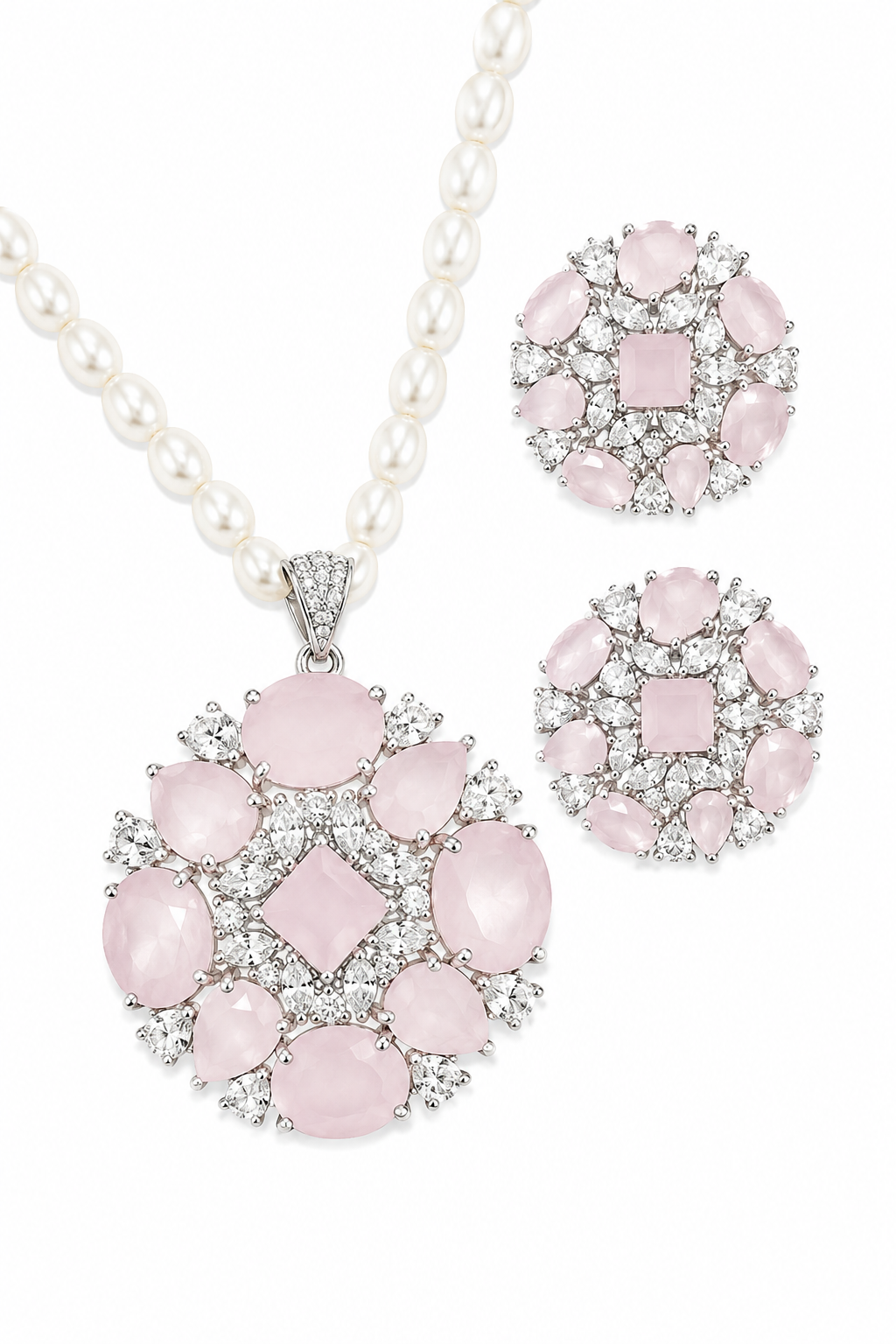 Rageshvari Fashion Ruby Red Floral Pearl Pendant Necklace Set with American Diamond Stud Earrings - Image 3