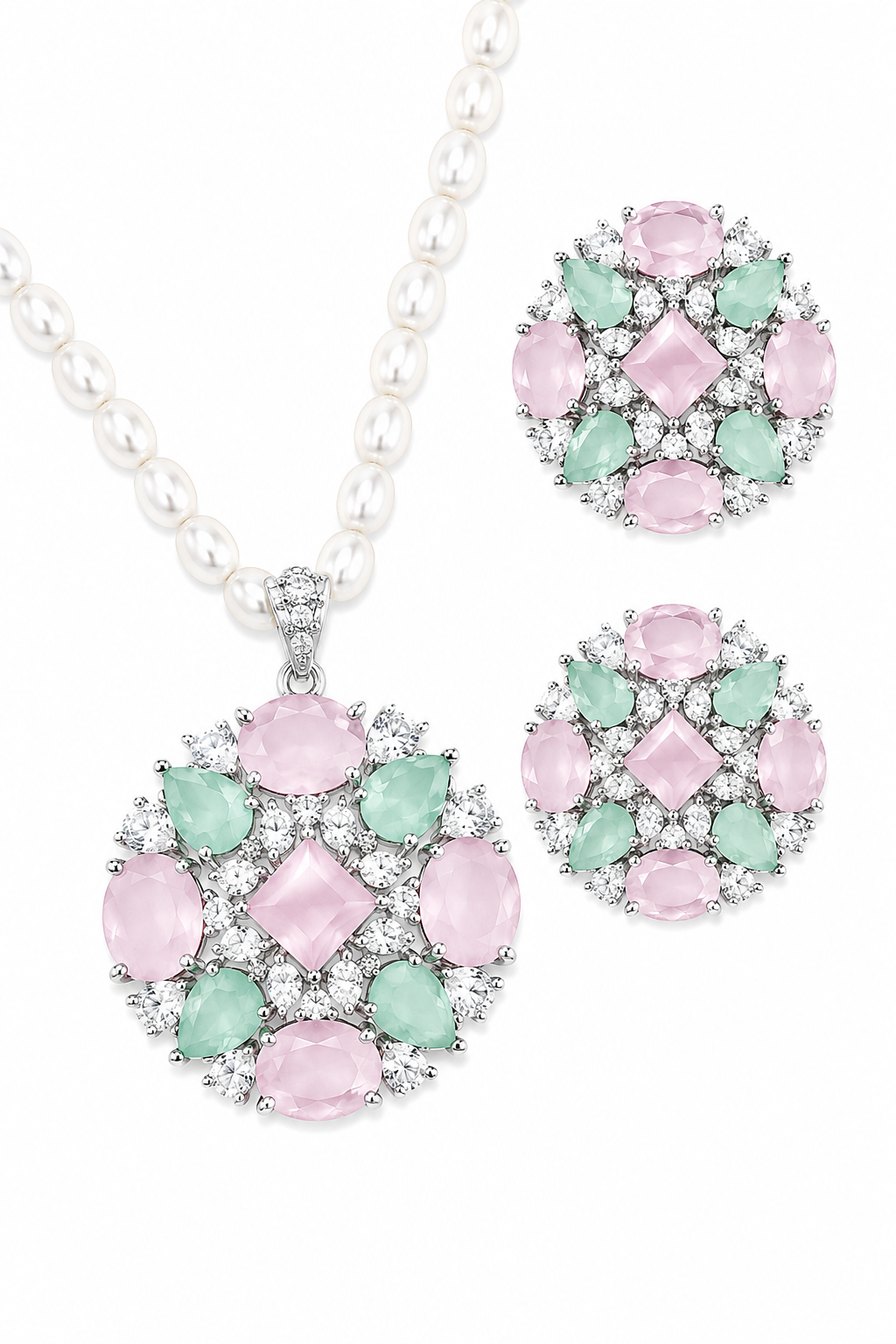 Rageshvari Fashion Ruby Red Floral Pearl Pendant Necklace Set with American Diamond Stud Earrings - Image 5