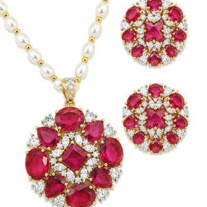 Rageshvari Fashion Ruby Red Floral Pearl Pendant Necklace Set with American Diamond Stud Earrings