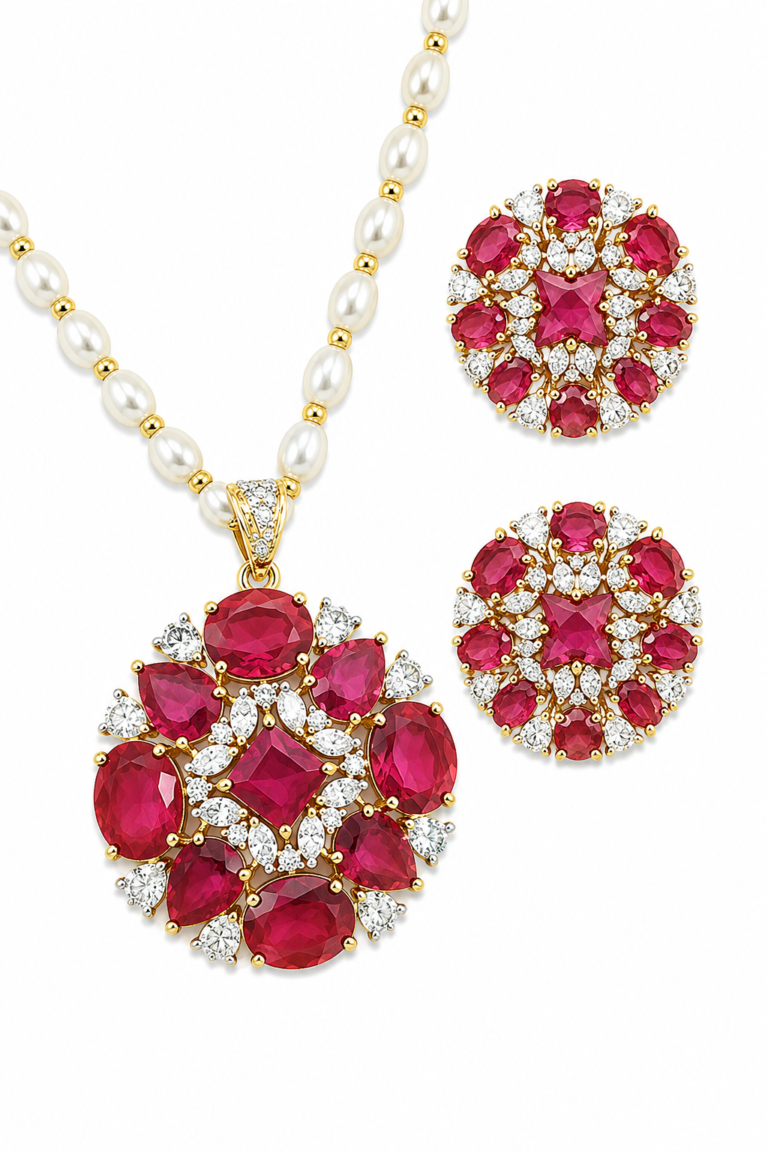 Rageshvari Fashion Ruby Red Floral Pearl Pendant Necklace Set with American Diamond Stud Earrings