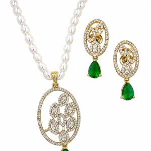 Rageshvari Fashion Gold-Plated Pearl Necklace Set with Emerald Green Teardrop Pendant & Matching Earrings for Women