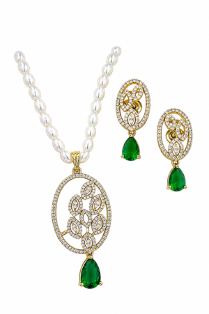 Rageshvari Fashion Gold-Plated Pearl Necklace Set with Emerald Green Teardrop Pendant & Matching Earrings for Women