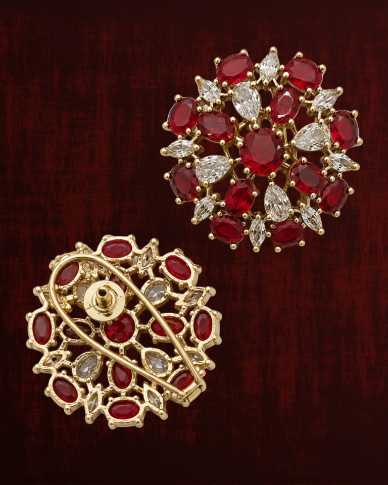 Rageshvari Fashion Gold-Plated Ruby Red American Diamond Floral Brooch Pin for Women