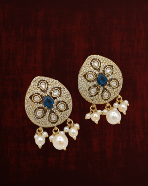 Rageshvari Fashion Gold-Plated Blue Kundan Pearl Stud Earrings for Women | Designer Party Wear Jewellery