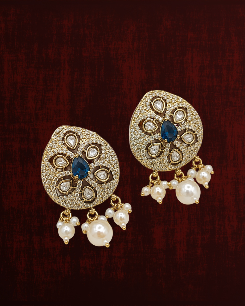 Rageshvari Fashion Gold-Plated Blue Kundan Pearl Stud Earrings for Women | Designer Party Wear Jewellery
