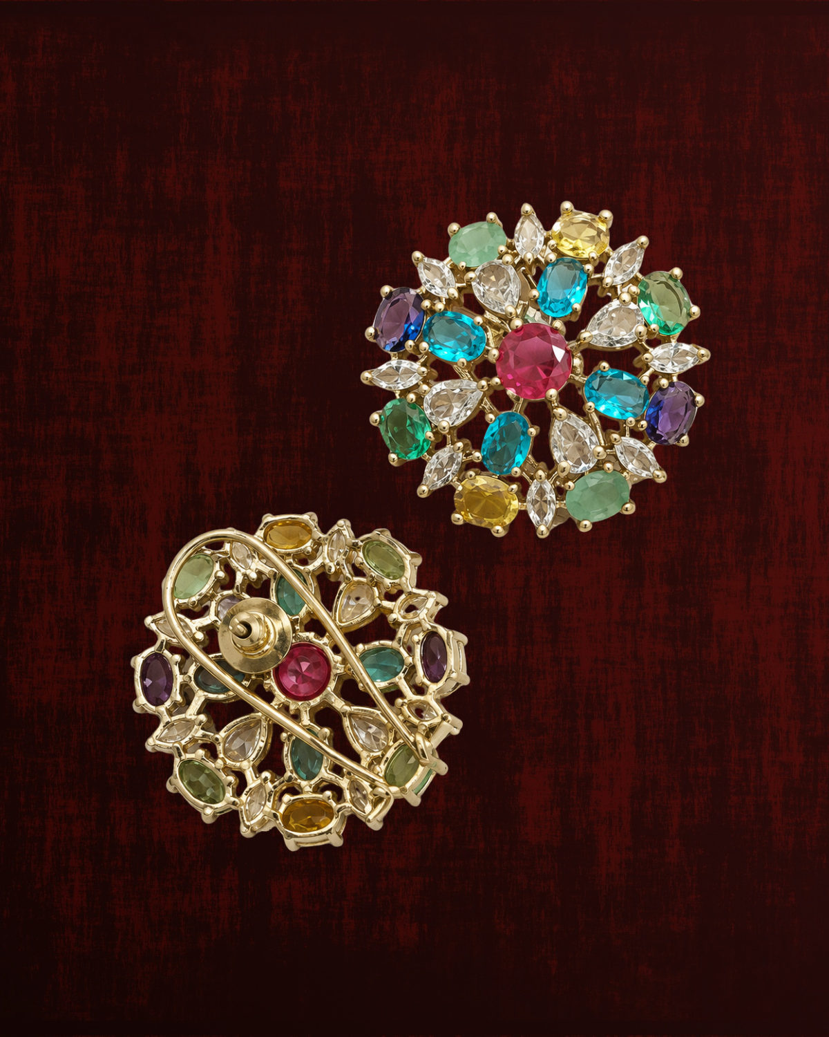 Rageshvari Fashion Gold-Plated Ruby Red American Diamond Floral Brooch Pin for Women - Image 2