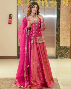 Rageshvari Creation Pink Roman Silk Beads & Stones Embroidered Ready-to-Wear Lehenga Choli Set