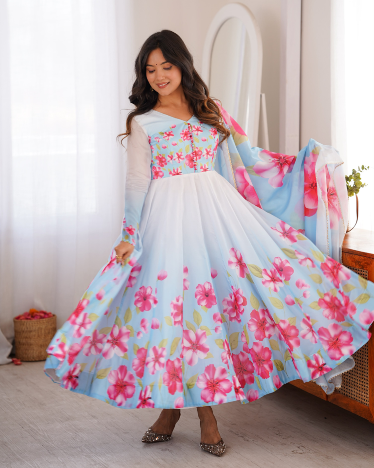 Rageshvari Fashion Floral Print Pure Soft Organza Silk Anarkali Gown Set