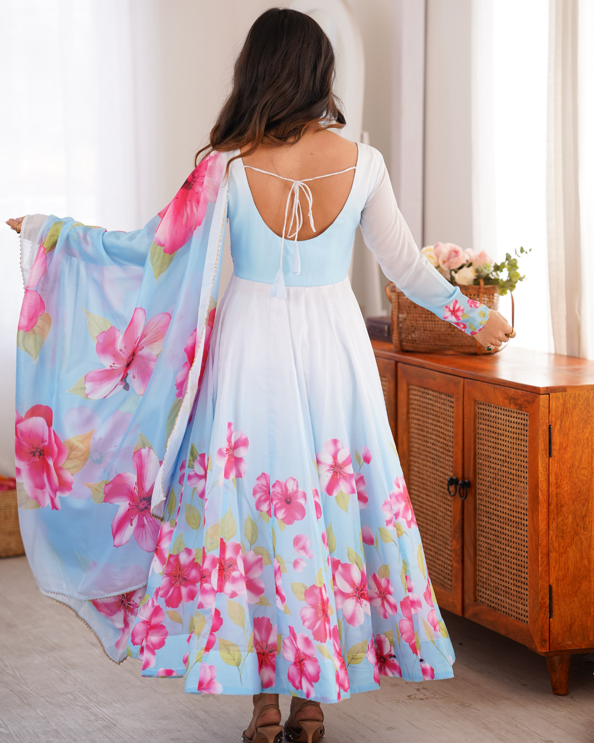 Rageshvari Fashion Floral Print Pure Soft Organza Silk Anarkali Gown Set - Image 3