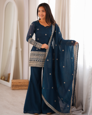 Rageshvari Fashion Embroidered Crunchy Silk Kurta Set with Bell Bottom Pants