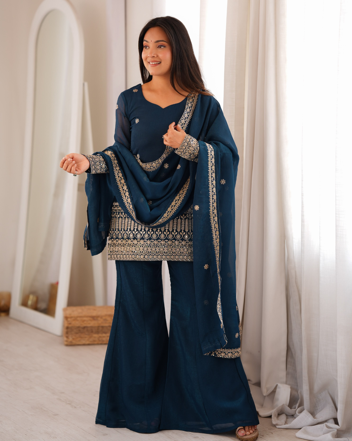 Rageshvari Fashion Embroidered Crunchy Silk Kurta Set with Bell Bottom Pants - Image 2