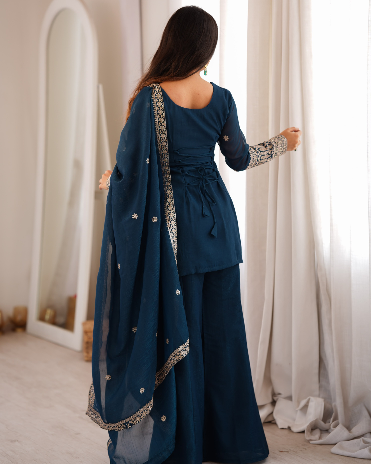 Rageshvari Fashion Embroidered Crunchy Silk Kurta Set with Bell Bottom Pants - Image 3