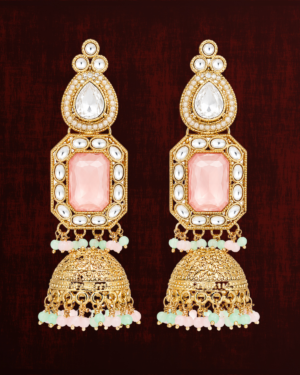 Rageshvari Fashion Gold-Plated Pink Kundan Jhumka Earrings with Pearl & Pastel Bead Drops for Women