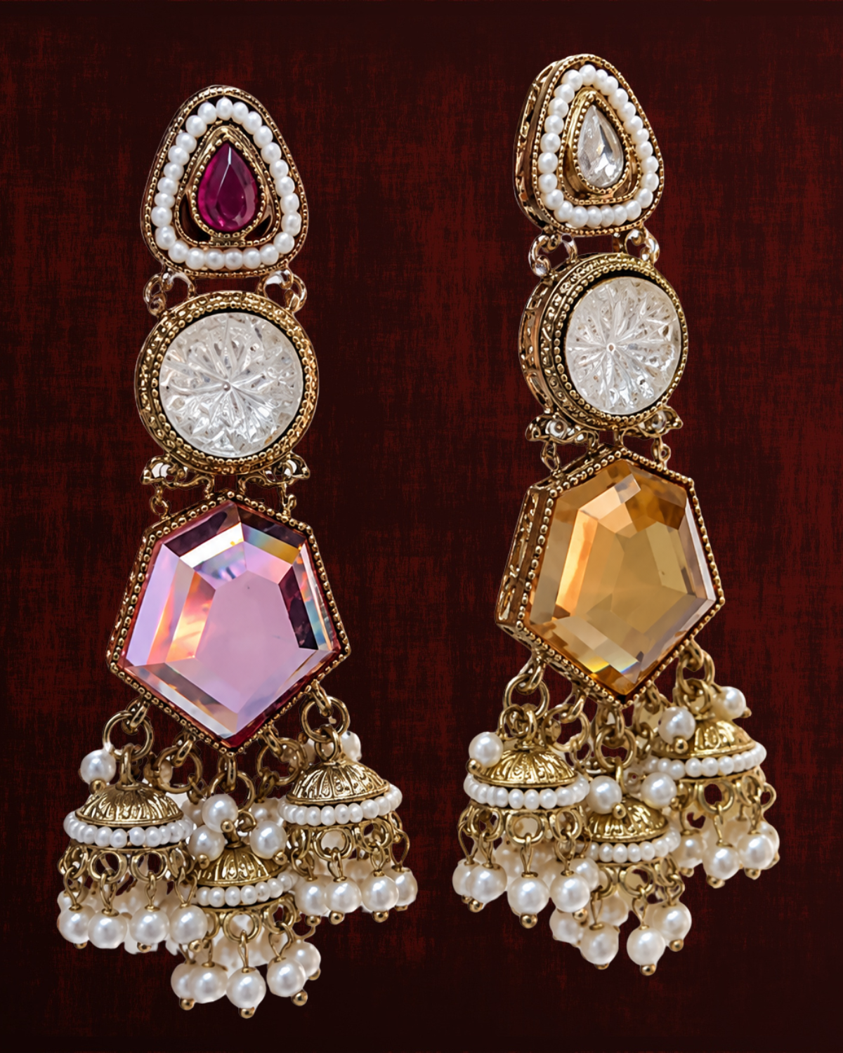 Rageshvari Fashion Gold-Plated Pastel Stone Jhumka Earrings with Pearl Drops for Women | Designer Ethnic Jewellery - Image 3