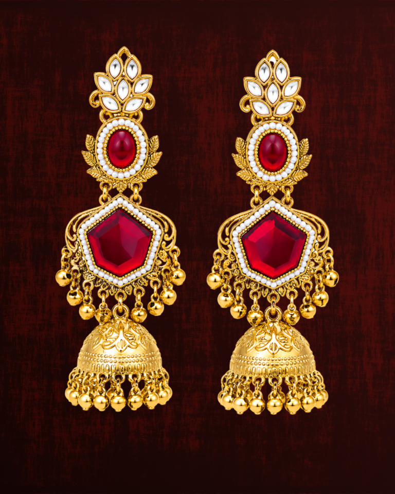 Rageshvari Fashion Gold-Plated Ruby Red Kundan Jhumka Earrings for Women | Traditional Ethnic & Bridal Jewellery