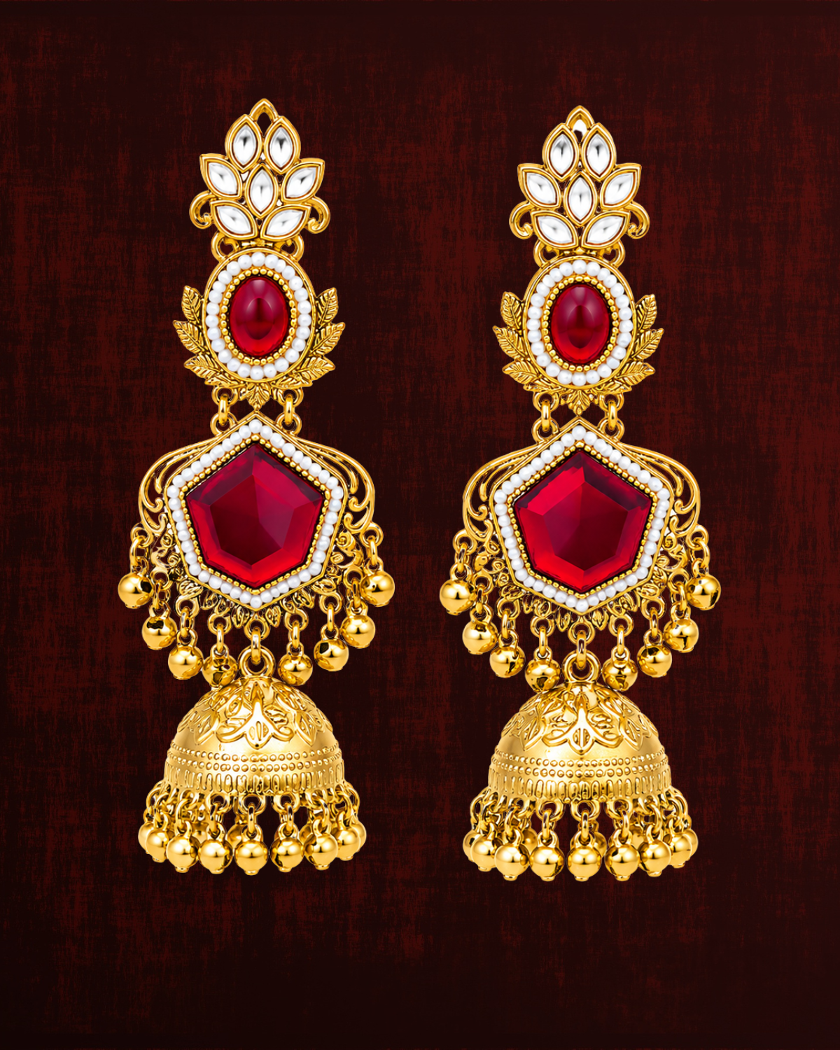 Rageshvari Fashion Gold-Plated Ruby Red Kundan Jhumka Earrings for Women | Traditional Ethnic & Bridal Jewellery