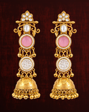 Rageshvari Fashion Gold-Plated Pink Stone Traditional Jhumka Earrings with Pearl Detailing for Women