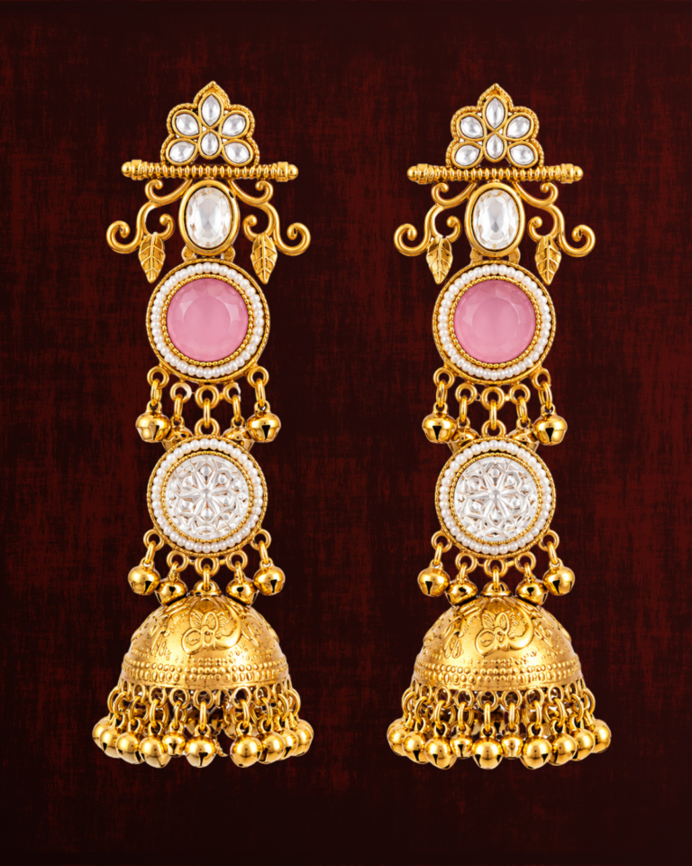 Rageshvari Fashion Gold-Plated Pink Stone Traditional Jhumka Earrings with Pearl Detailing for Women