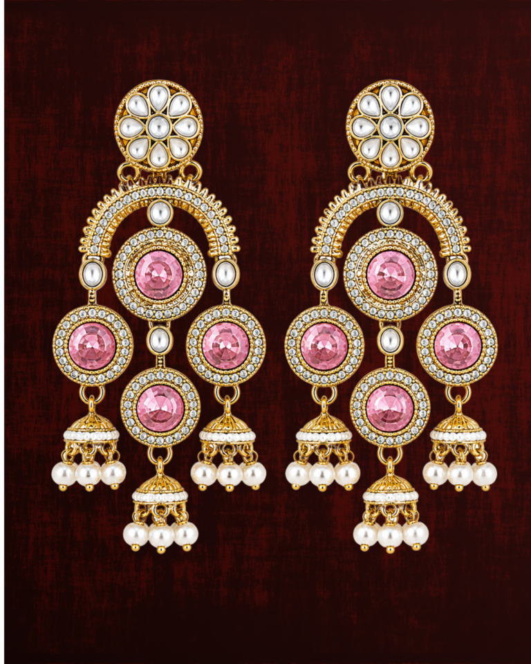 Rageshvari Fashion Gold-Plated Pink Kundan Chandbali Earrings with Pearl Drops for Women | Traditional Party Wear Jewellery