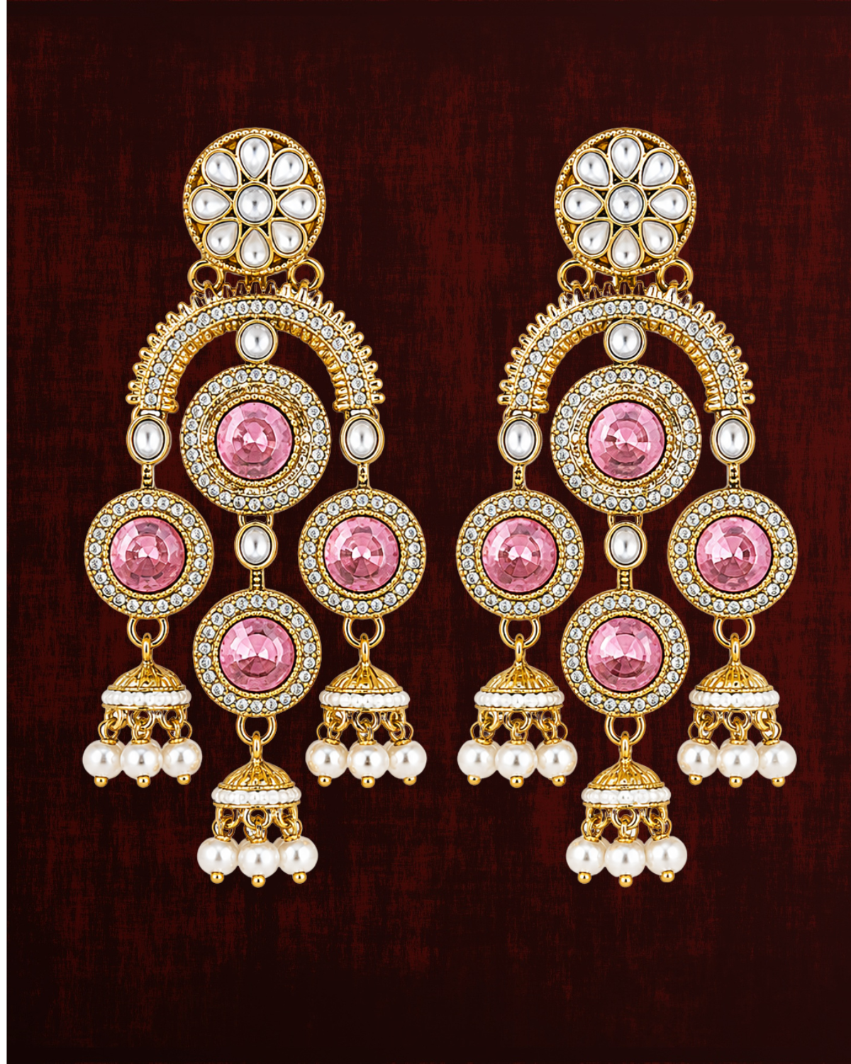 Rageshvari Fashion Gold-Plated Pink Kundan Chandbali Earrings with Pearl Drops for Women | Traditional Party Wear Jewellery
