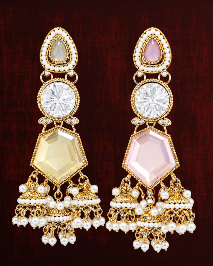 Rageshvari Fashion Gold-Plated Pastel Stone Jhumka Earrings with Pearl Drops for Women | Designer Ethnic Jewellery